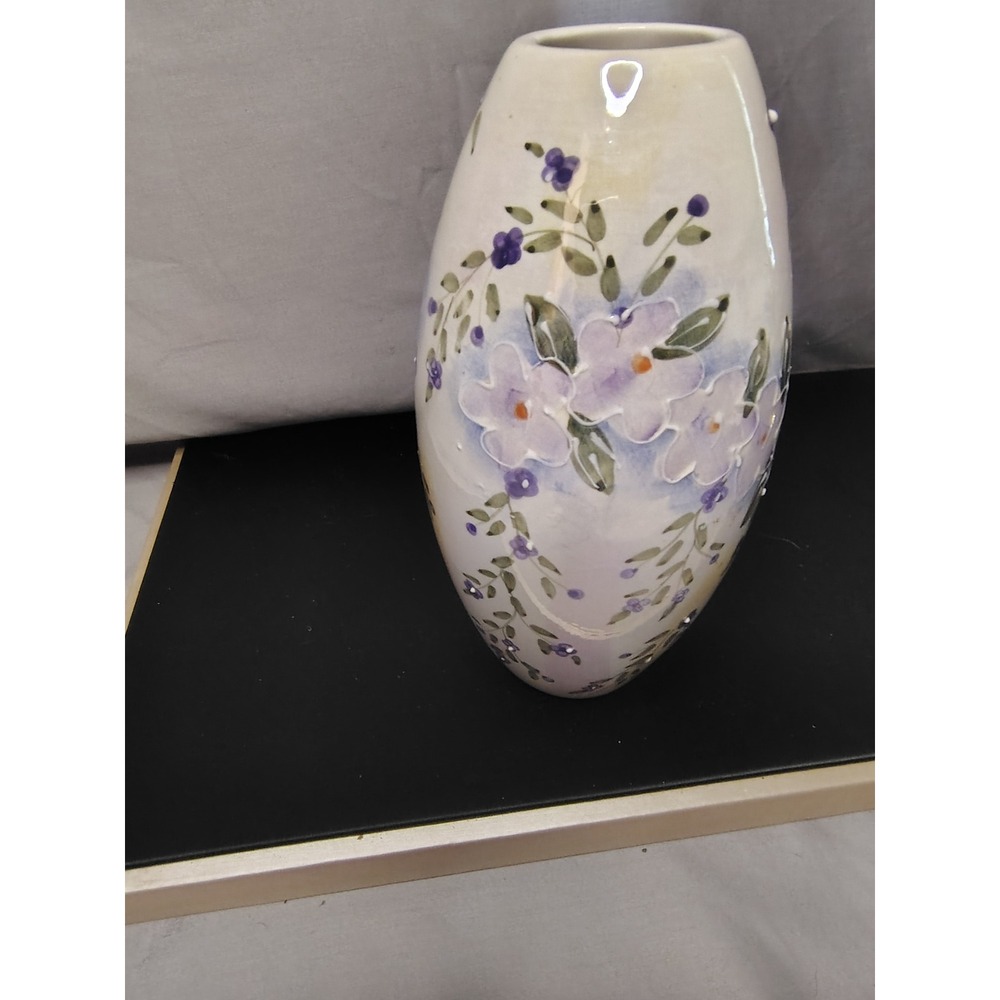 Vintage Hand Painted Floral Ceramic Purple Lavender Flowers Oval Decor Bud Vase